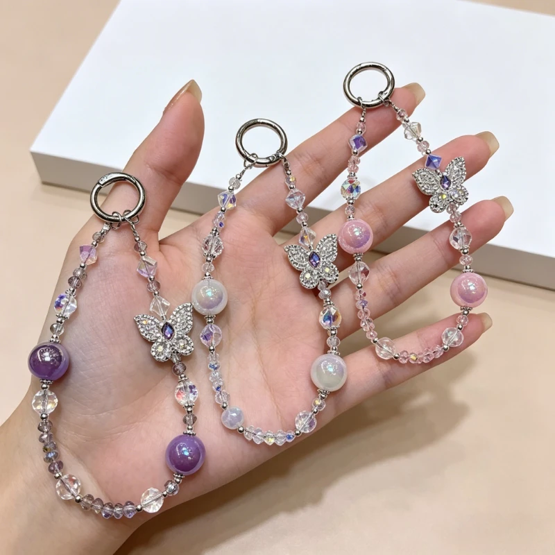 

Luxury Rhinestone Butterfly Heavy-Duty Phone Chain Pearl Wrist Strap Short Handheld Lanyard Crystal Beaded Key Bag Pendant