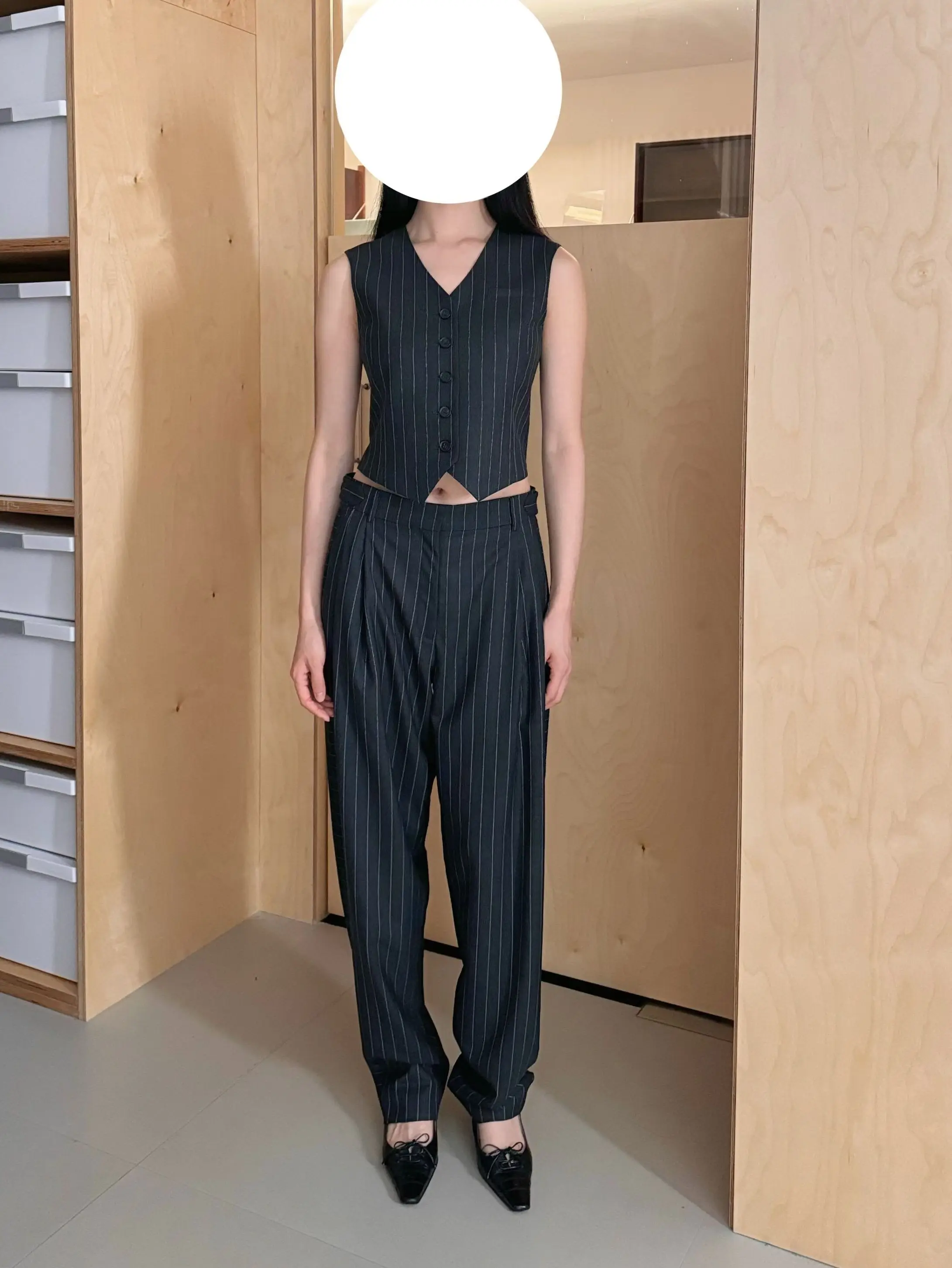 

MAIMAI Spring Summer New Sle Woolen Suit Deep ey Vertical Stripes Vest Pants Skirt Commute Slim Fit Regular Thin