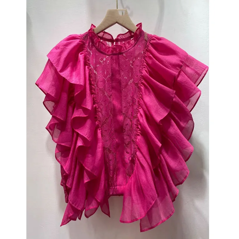 Summer New Lace Splicing Ruffles Short Sleeve Loose Shirt Women Sexy Hollow Fashion Versatile Temperament Stand-up Collar Top