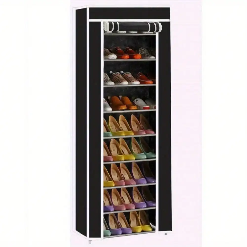 9 Tier 9 Shelf Shoe Rack Shelf Storage Home Organizer Cabinet with Cover Black