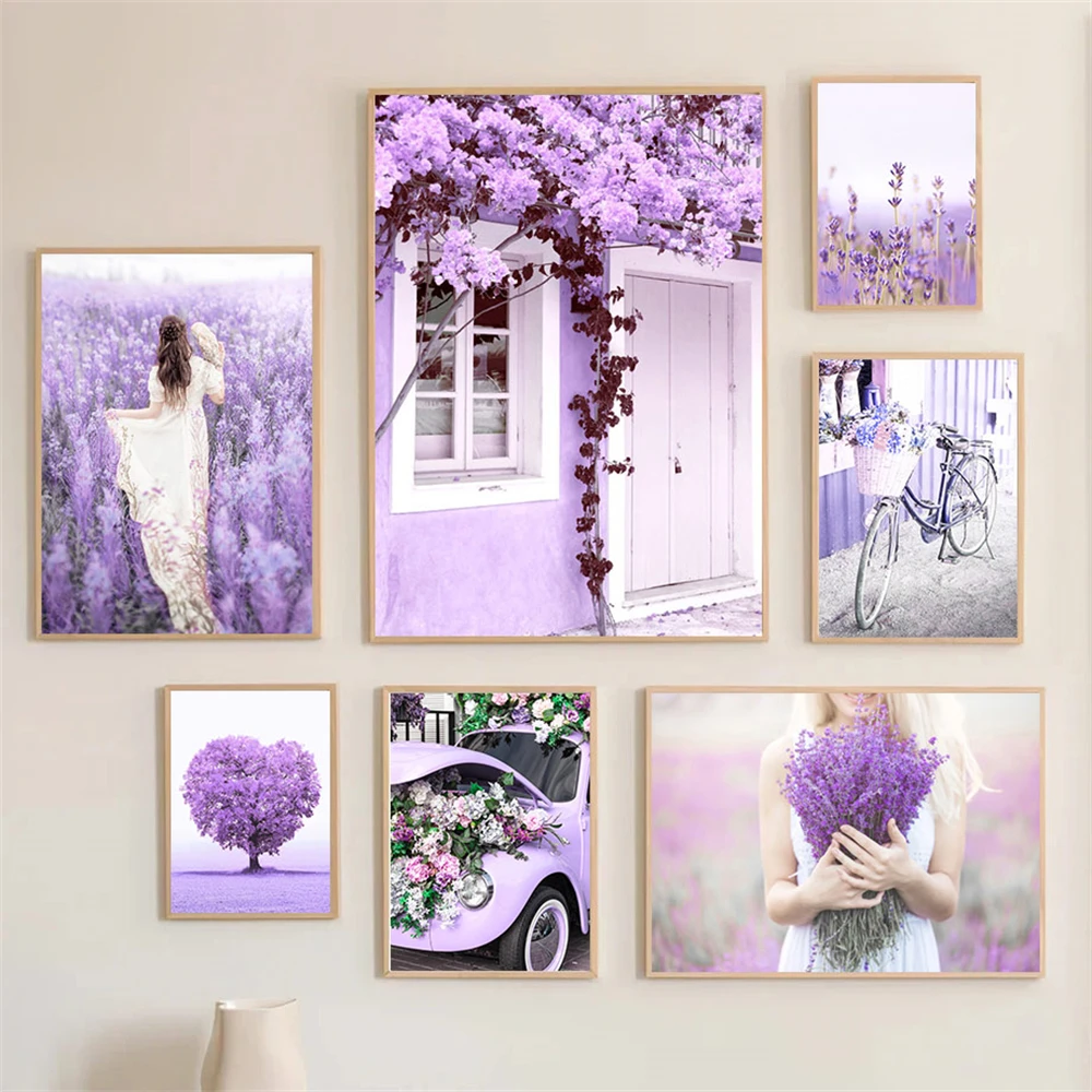 Purple Tree Flower Girl Lavender Wall Art Posters Canvas Painting Door Bike Car Art Print Nordic Wall Pictures Living Room Decor
