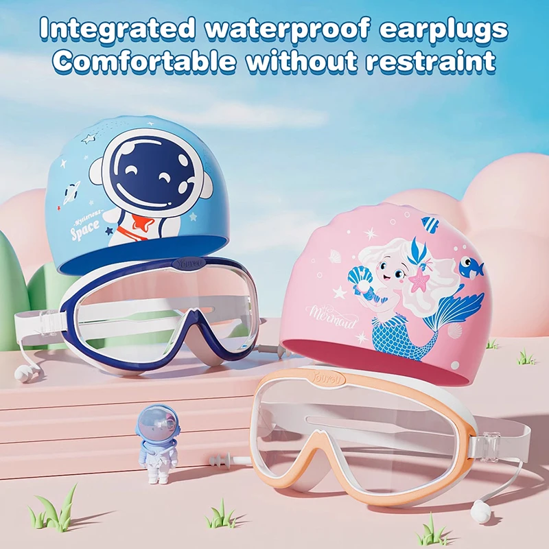 Swimming Caps Boys Girls Kids Cute Cartoon Swim Hat High Elastic Ear Protection PU Waterproof Swimming Cap Swimming Goggles Set