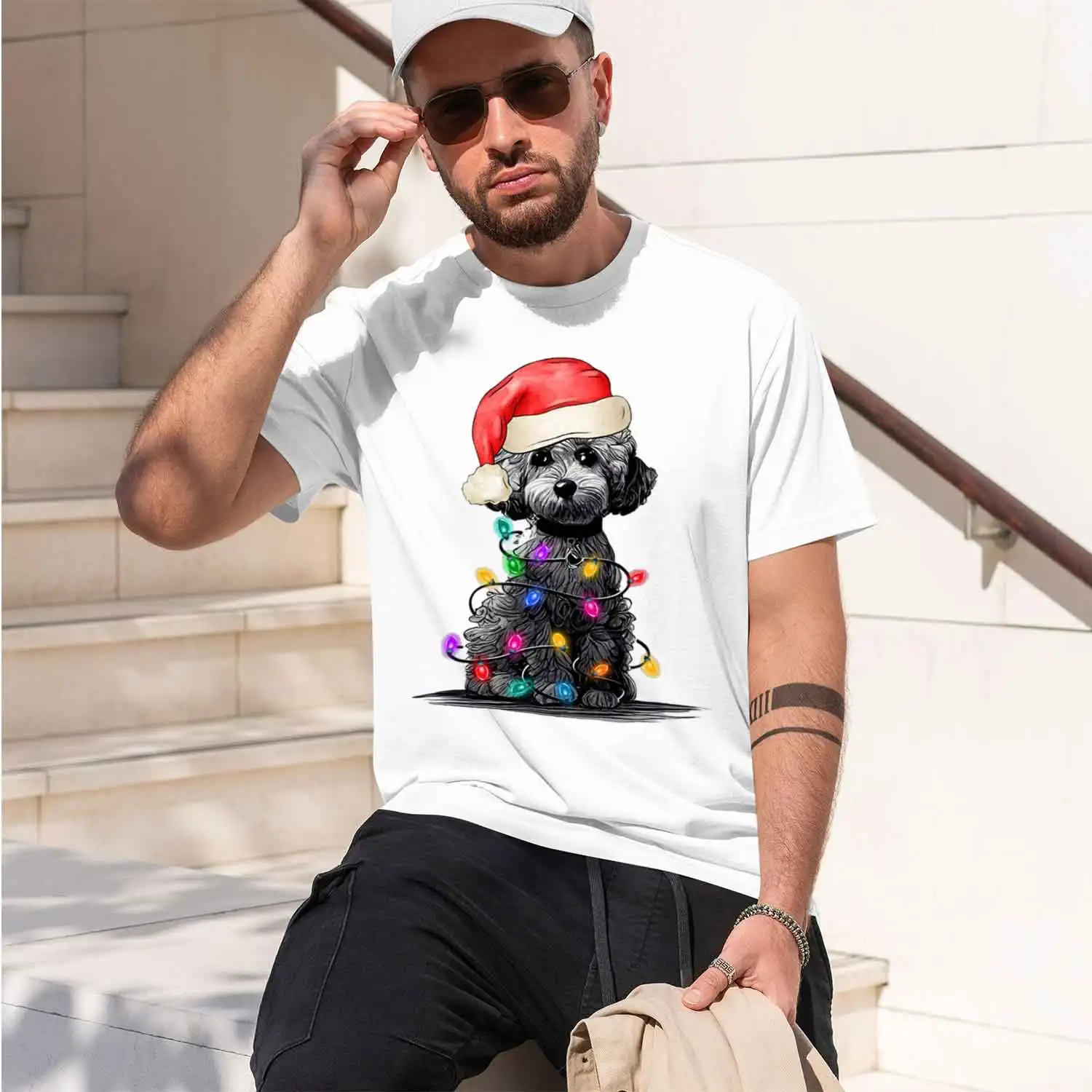 Festive Poodle in Hat Lights Wrapped Poodleristmas Curly g with LightsHoliday Decoration Womens clothing 2026 New Model Men’s Sh