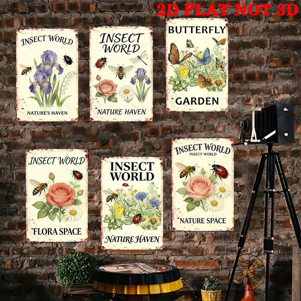 6pcs Vintage Metal Signs Set - Insect World, Butterfly Garden, Flora Space | And Dustproof - for Man Cave, Office, Bar, Garage,