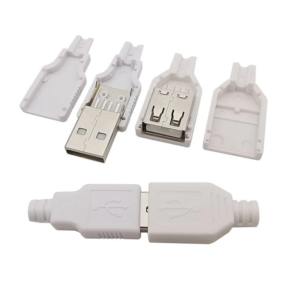 USB tipo A macho tomada fêmea, 4 pinos conector com tampa de plástico preto ou branco, DIY montagem solda Kits, 5pcs