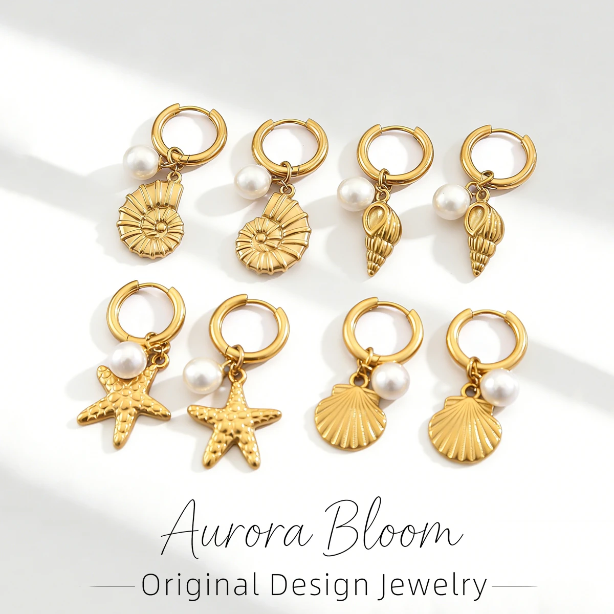 AURORA Ohrhänger mit Meeresmuschel-Perlen für Damen, Creolen, modische Piercings, Ohrklemmen, Edelstahl-Ohrringe, Schmuck