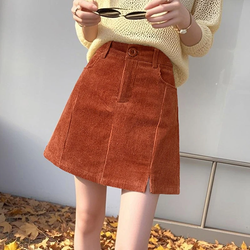 

Autumn Winter Pleated Corduroy Skirt Women Casual Retro High Waist Fork Pocket Bodycon Work Short Mini Skirt