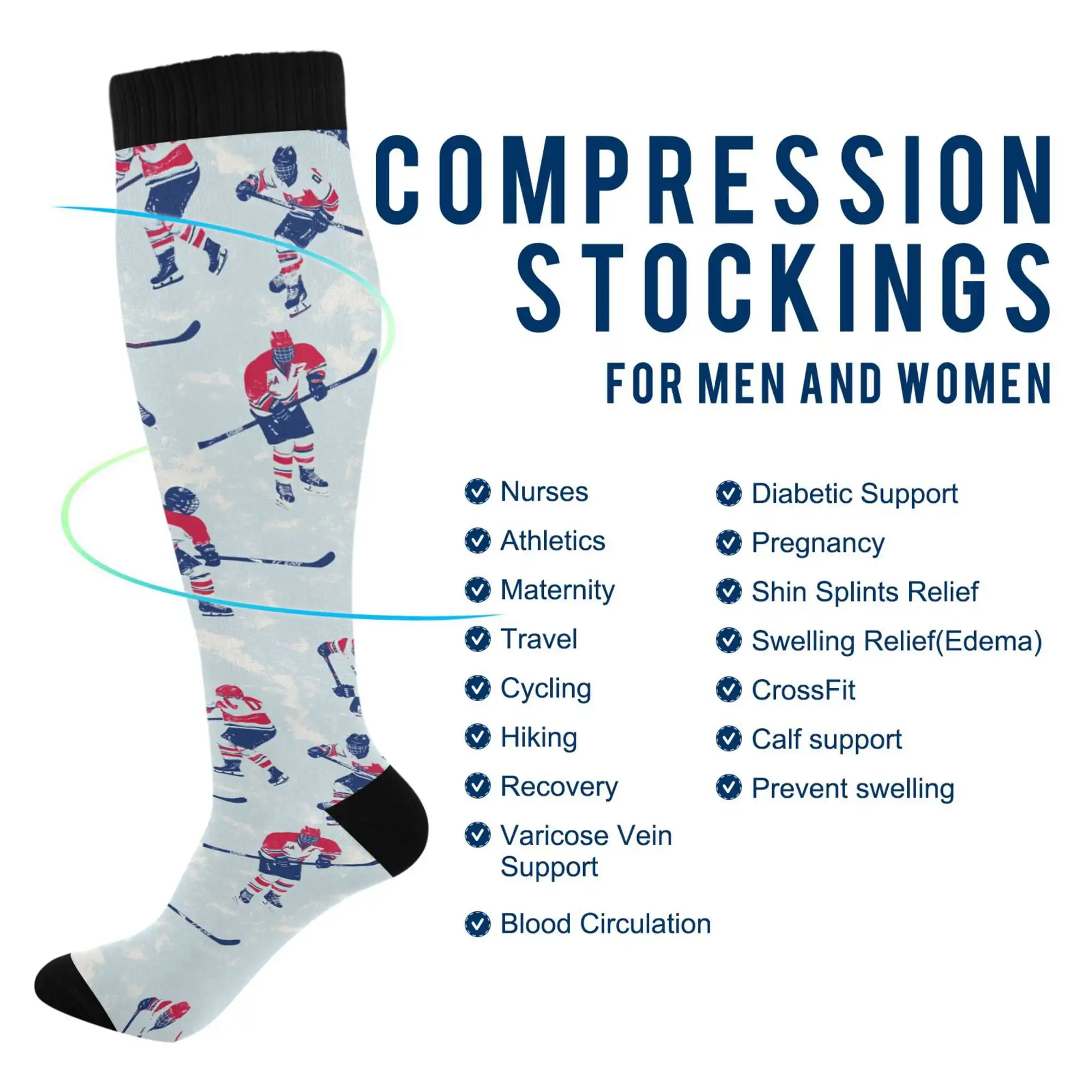 Womens Knee High Socks Casual Long Thick Travel Daily Wear, 1 Pair, Blue Ice Hockey