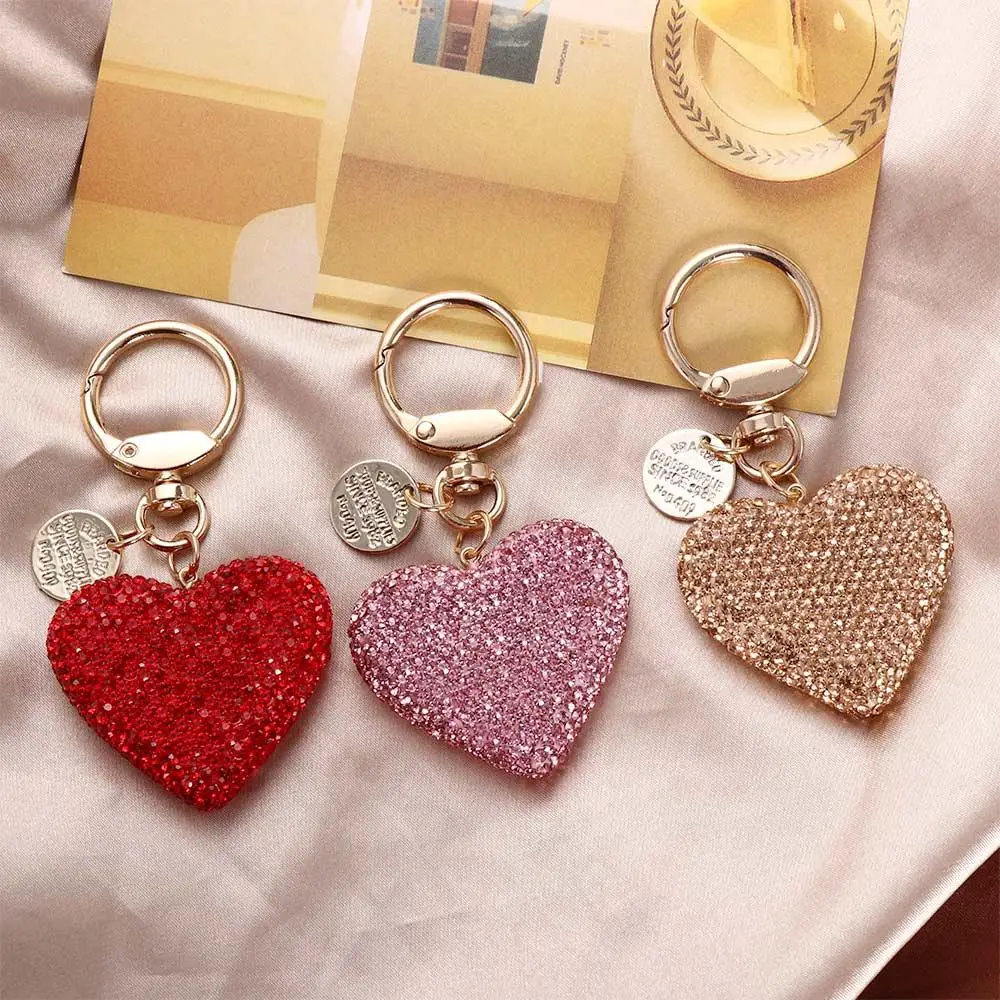 Car Accessories Simple Metal Rhinestone Backpack Pendant Key Ring Crystal Keyring Keys Holder Love Heart Keychain