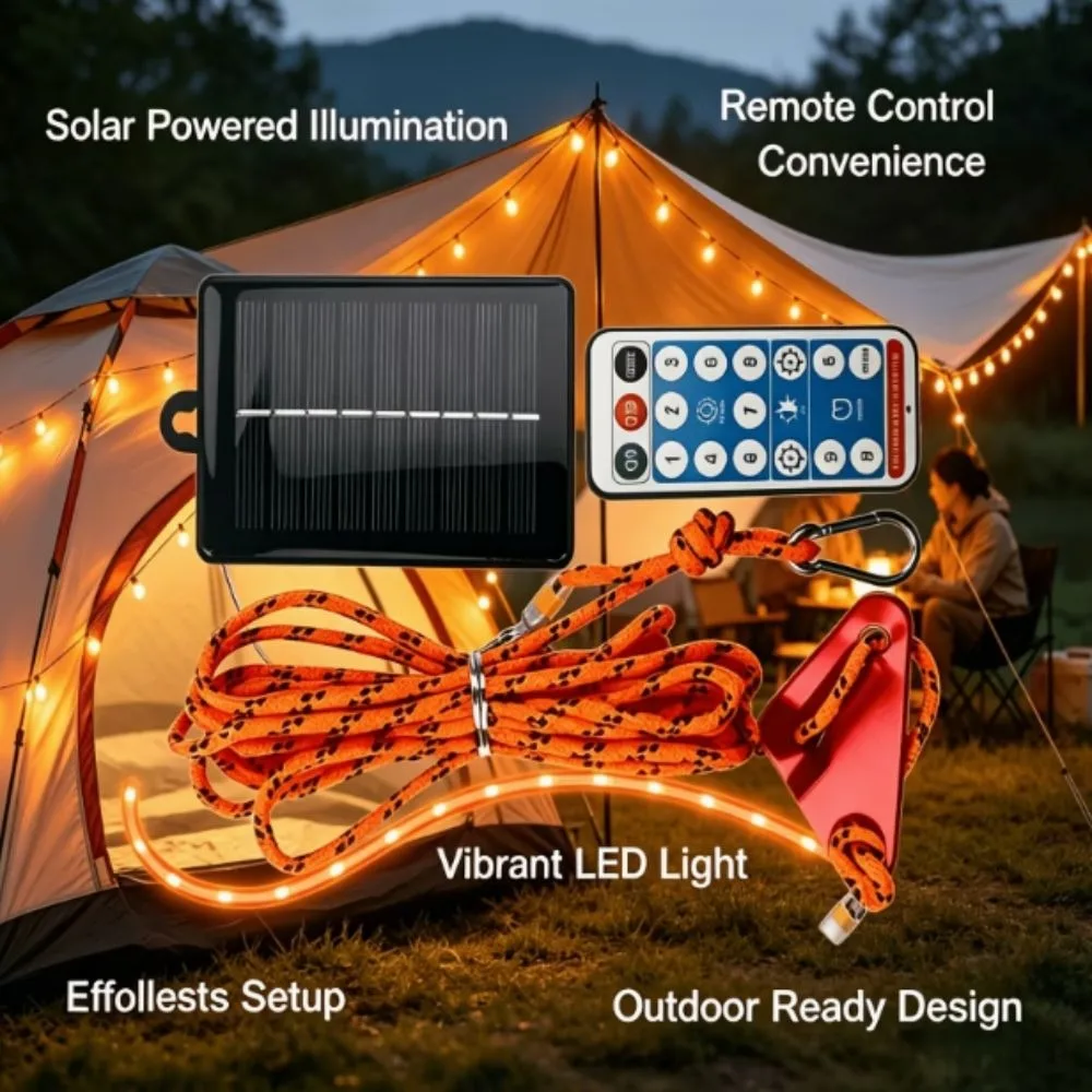 Remote Control Solar Tent Guy-line Light Windproof Waterproof Camping Rope Light Anti-Trip Luminous Safety Rope Light Hiking