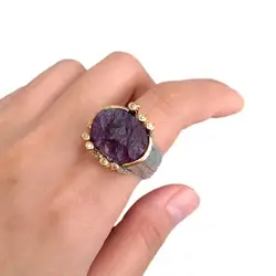yygem 19x20mm Oval Purple Amethyst Rough Rhinestone Finger Rings Cocktail Adjustable Ring Wedding Jewelry