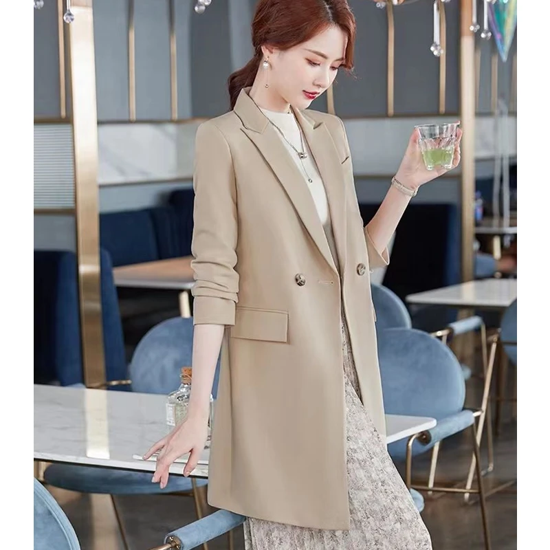 Women Long Blazers Spring Autumn 2023 Korean Office Lady Graceful Solid Suit Jackets Fashion Joker Overcoat New Workwear Female