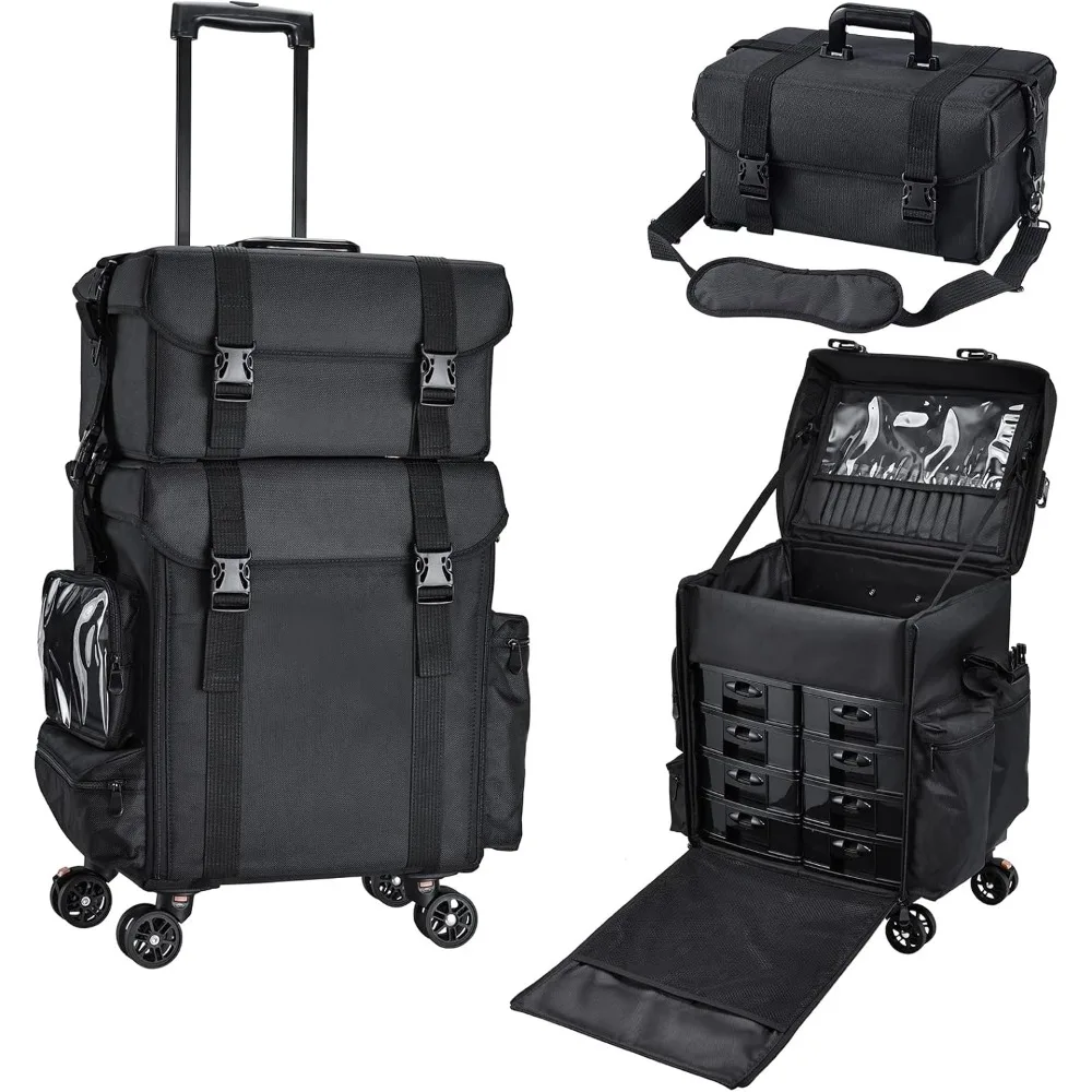 

Professional Rolling Makeup Case Soft Sided Cosmetology Organizer Wheeled Nylon Train Case Portable Travel Supply Station