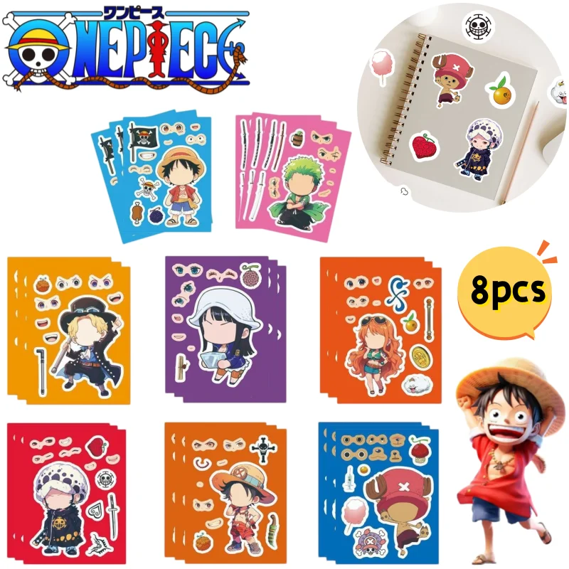 One Piece Luffy Roronoa Zoro 8-teiliger Aufkleber-Set, hochwertige Farbgebung, niedliche Q-Version, Druck, Schüler-Puzzle, DIY, selbstklebender, lustiger Aufkleber – Detail 1