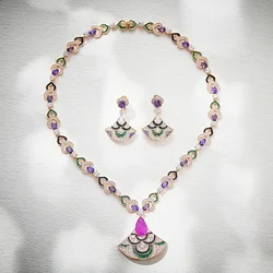Luxurious Fashion Fine Jewelry Sets For Women Lady Inlay AAA Cubic Zircon Violet Color Fan-shaped Pendant Necklace Drop Earrings
