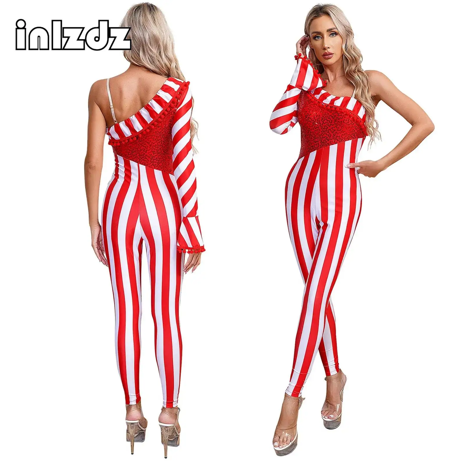 Dames Pailletten Kerst Bodysuit Jumpsuit Glanzend Candy Cane Gestreepte Balletdans Gymnastiek Toneelkostuum