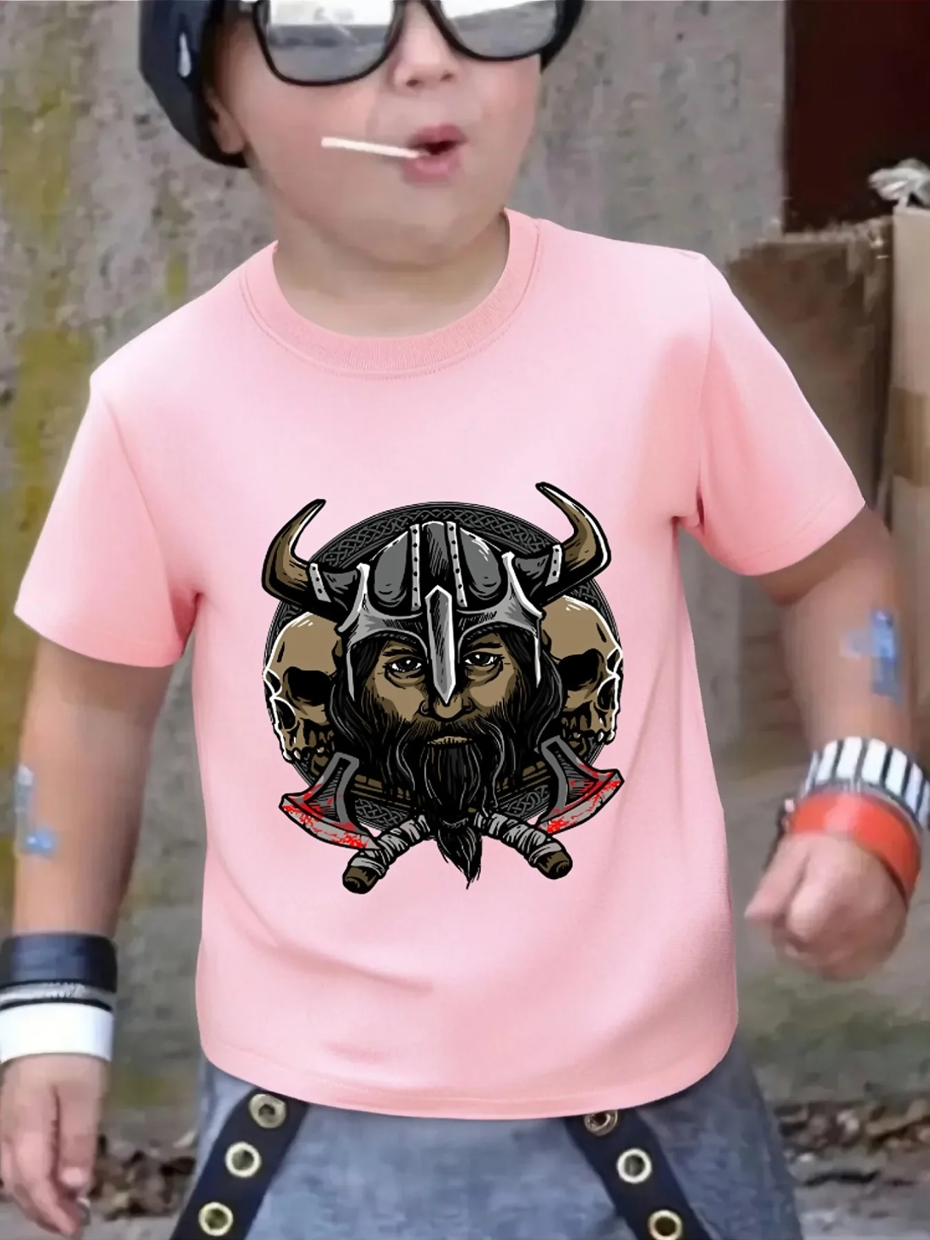 Viking Warrior Skull Axe Graphic Family Matching T Shirt Boys Girls Short Sleeve Summer Crew Neck Parent Child Cool Casual Tops