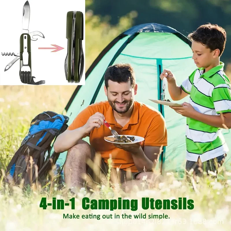 أدوات المائدة المحمولة أدوات المائدة في الهواء الطلق التخييم سكين للفرد شوكة وملعقة مجموعة متعددة الوظائف أدوات المائدة القابلة للطي ثلاث قطع مجموعة