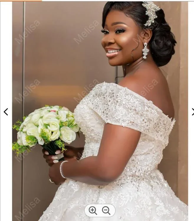 Customized African Black Girls Plus Size Wedding Dresses Sweep Train Sweetheart Beaded Off The Shoulder Modest Bridal Gowns