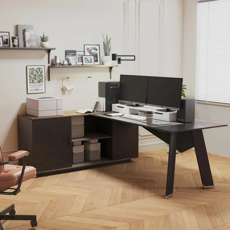 

L-Shaped Desk With Storage Shelves And Doors Modern Business Furniture Desk Writing Table