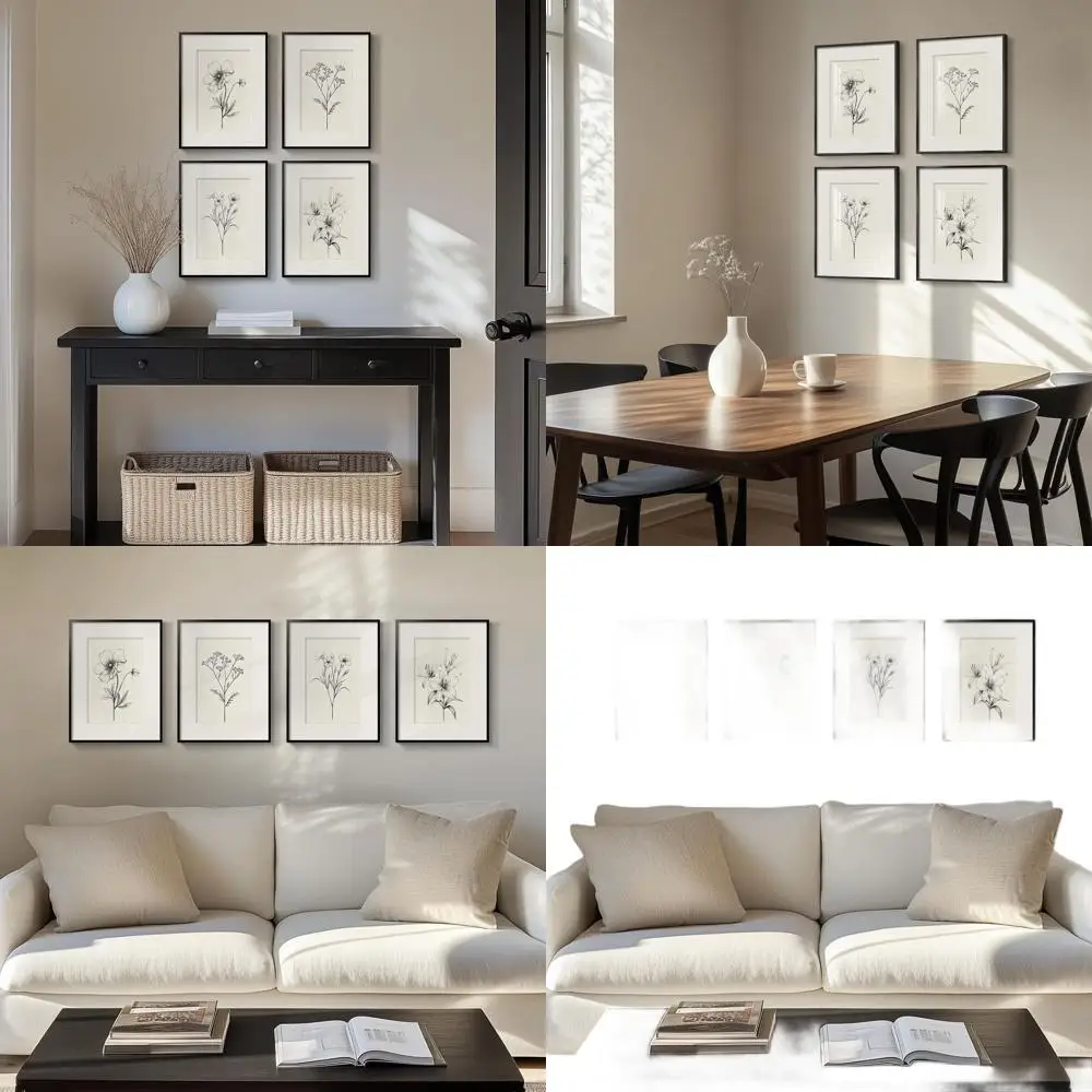 

Vintage Botanical Wall Art Set, 4-Piece Black & White Floral Prints, 12x16 Inches, Suitable for Living Room, Bedroom, and More