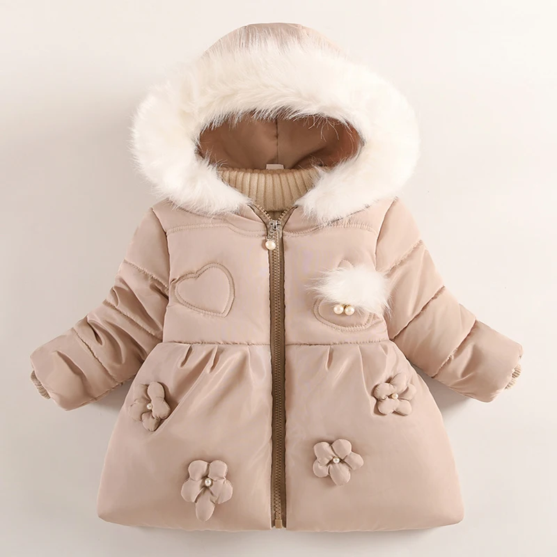 Winter Baby Girls Jacket Solid Color Flowers Fur Collar Thick Warm Hooded Zipper Coat For 1-5Years Kids Clothes Baby Outerwear