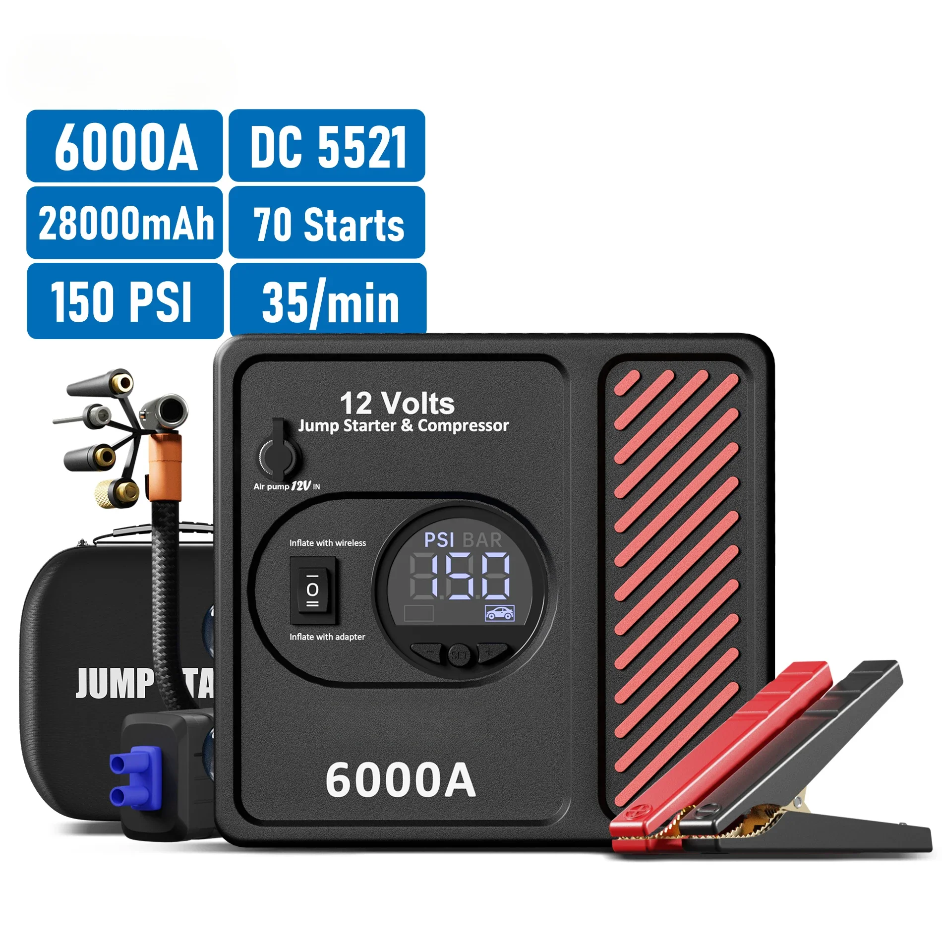 24000mAh 150PSI Car Battery Jump Starter Tire Inflator Car Starter Power Bank Portable Air Pump Compressor