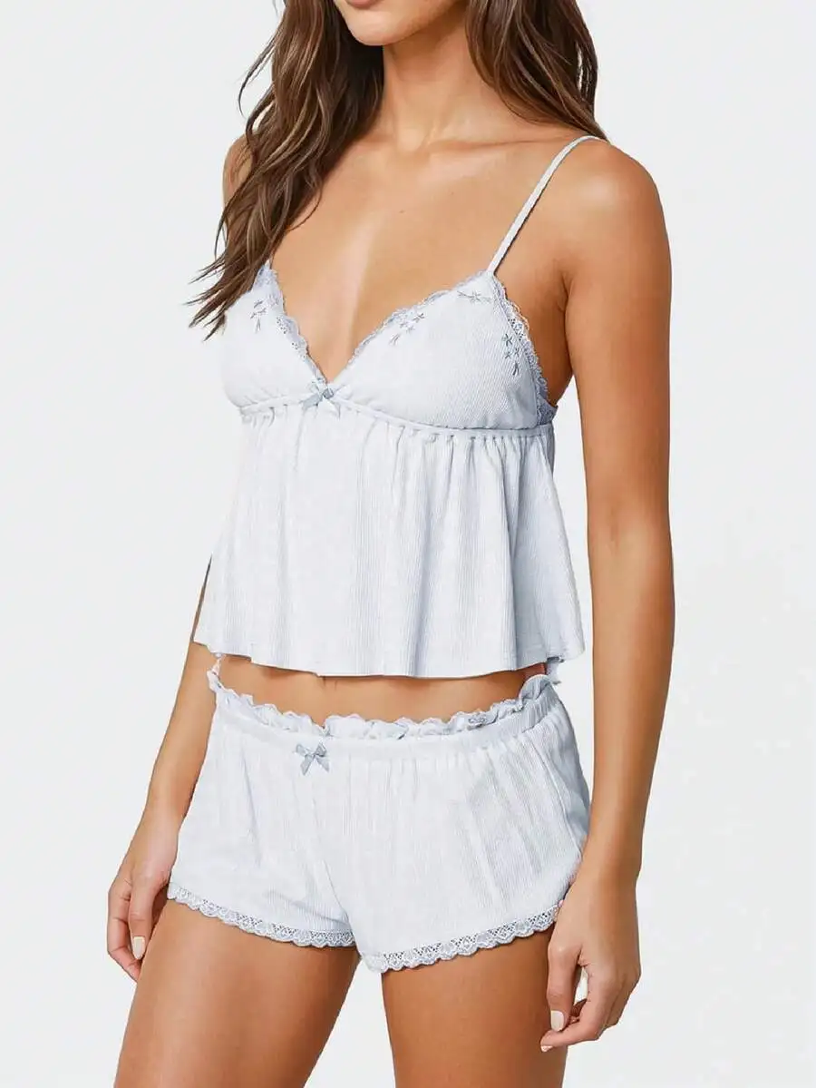 

Lace Trimmed Womens Two Piece Pajama Set Sleeveless Cami Top And Shorts Sleepwear