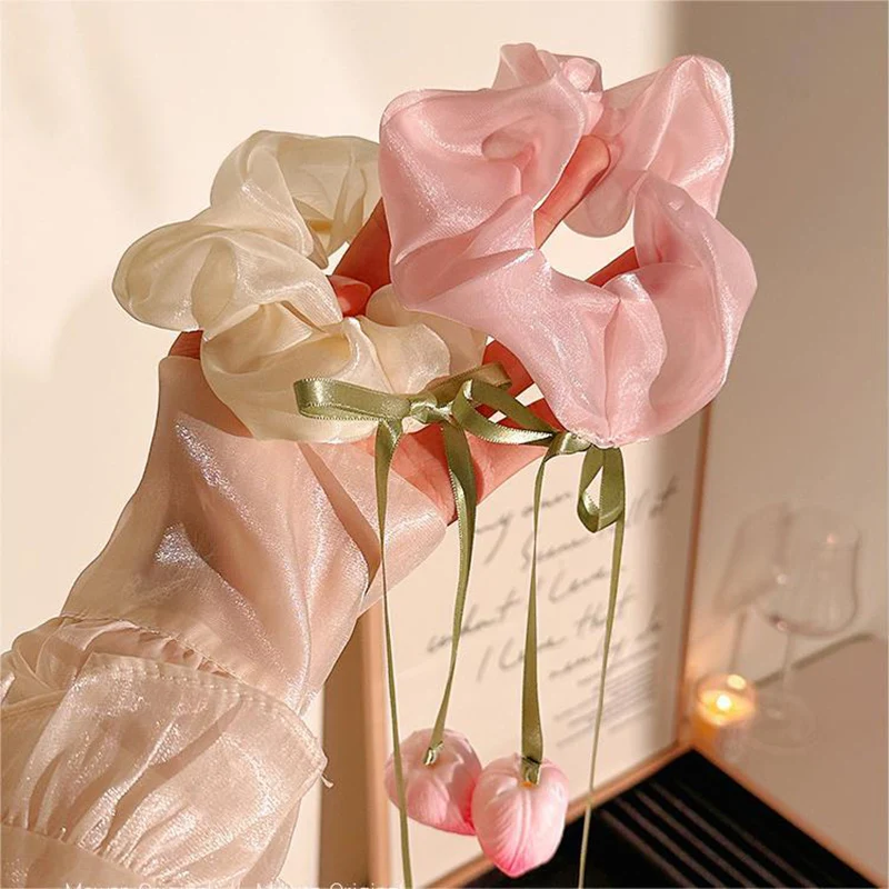 Tulip Floral Hair Rope Hand for Women Tied Hairband Bowknot Flower Tassels Elegant Sweet Elastic Hair Ring Headwear Accessories