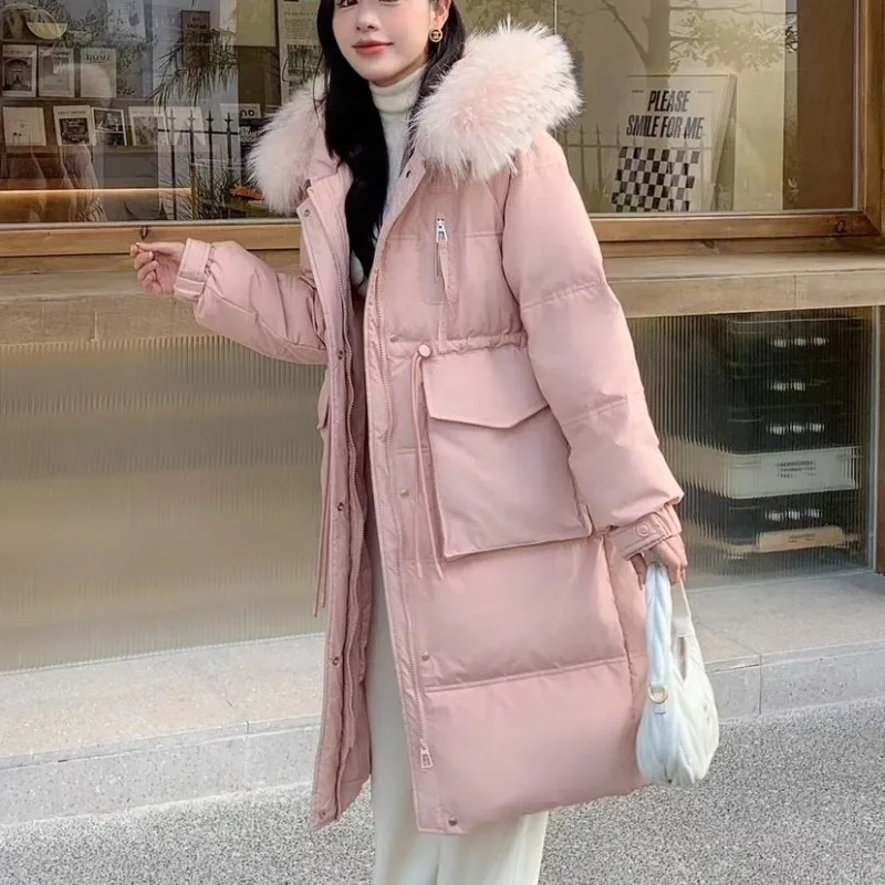큰 털 칼라 다운 재킷 여성용 중간 길이 겨울 신상 한국 버전 무릎 길이 두꺼운 흰 오리털 허리 재킷 고급스러운