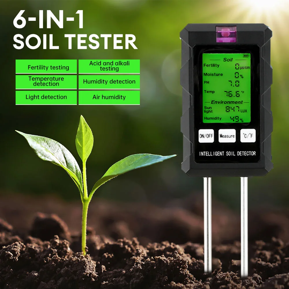 6 in 1 Soil PH Tester High Precision Fertility Meter with Backlight Display for Gardening Flower Grass Nutrient Water Detection