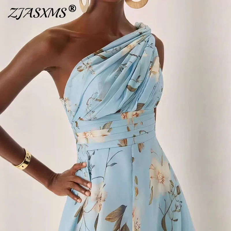 Französisches Blumenmuster Chiffon Langes Kleid Damen Frühling Sexy One-Shoulder Hochgeschnittenes Boho-Kleid Sommer Ärmelloses Urlaubs-Maxikleid