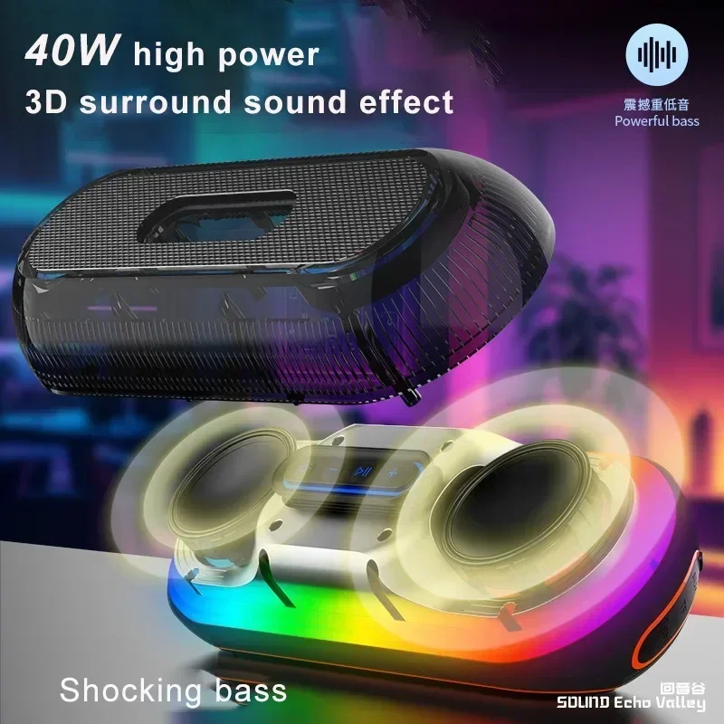 Altavoz de ordenador de escritorio de alta potencia, caja de sonido Bluetooth inalámbrica transparente con lámpara RGB, Subwoofer estéreo de gran volumen, 40W