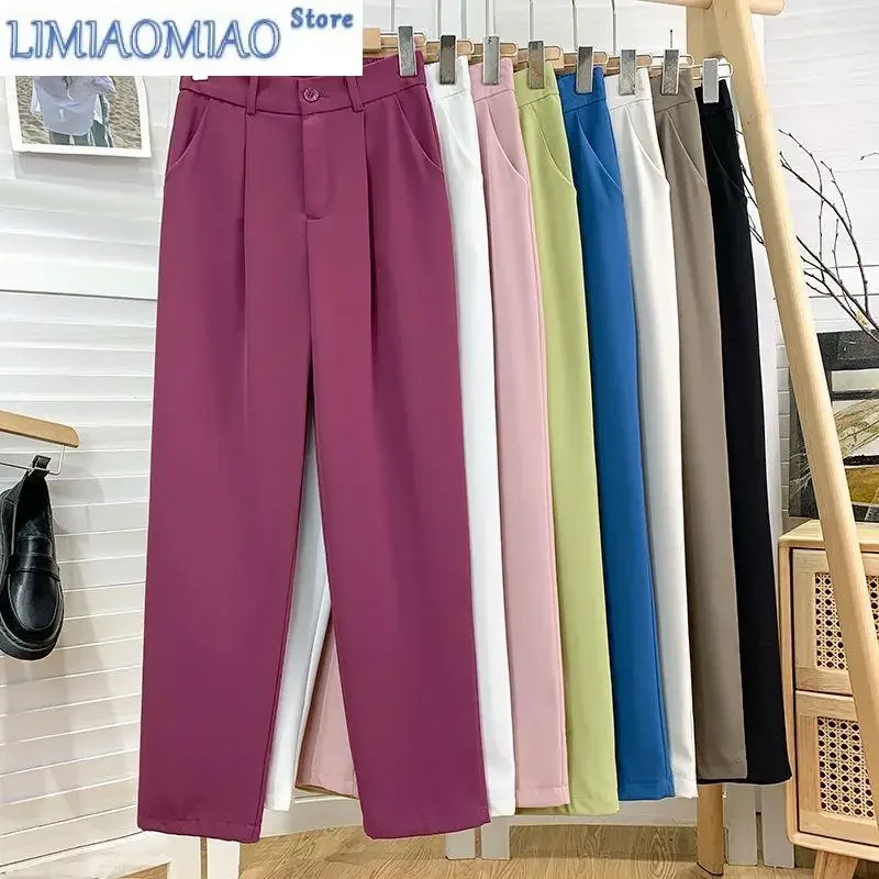 

Candy Color Korean Elastic Waist Pants Classic High Waist Straight Pants Women Trouser Wide Leg Pants Loose Casual Black Pant