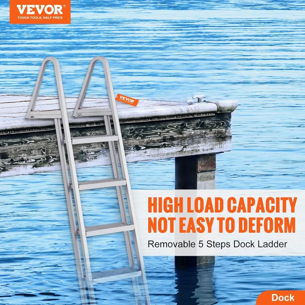 Adjustable Dock Ladder with 3 to 5 Steps, 350 to 500 Pounds Capacity, Aluminum Material, Non-Slip Design for Pontoon Boats
