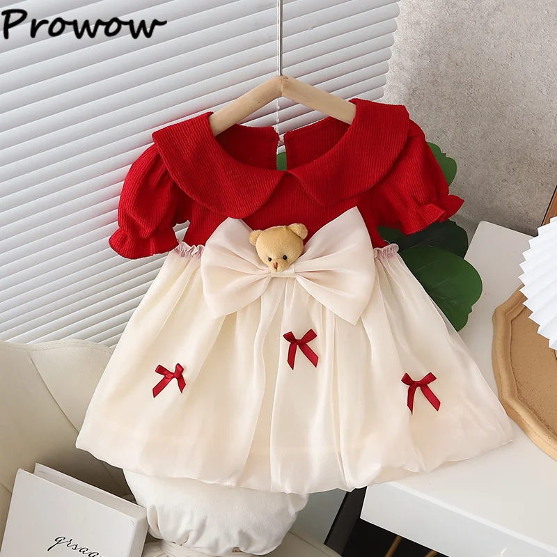 Prowow Toddler Girl Dresses Patchwork Cute Bear Decoartion Organza Dress For Newborn Infants Princess Party Dress Baby Clothes