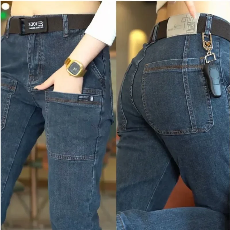 2024 New Men Jeans Fashion Pocket Cargo Denim Pants Korea Casual Pants Straight Jean Womens Streetwear Blue Gray