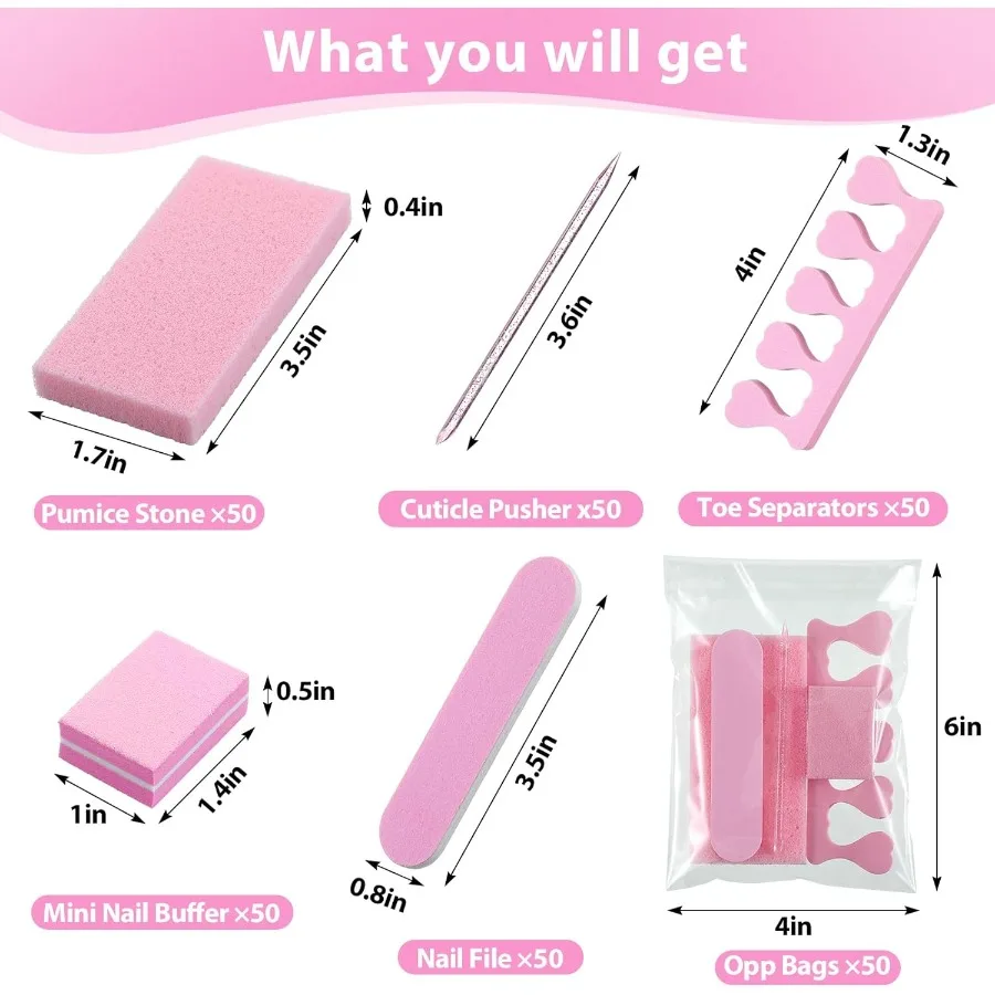 50 Sets Disposable Pedicure Kit Individually Packaged with 5 in 1 Tools Including Pumice Stone Nail File 80 100 Grit Mini Buffe