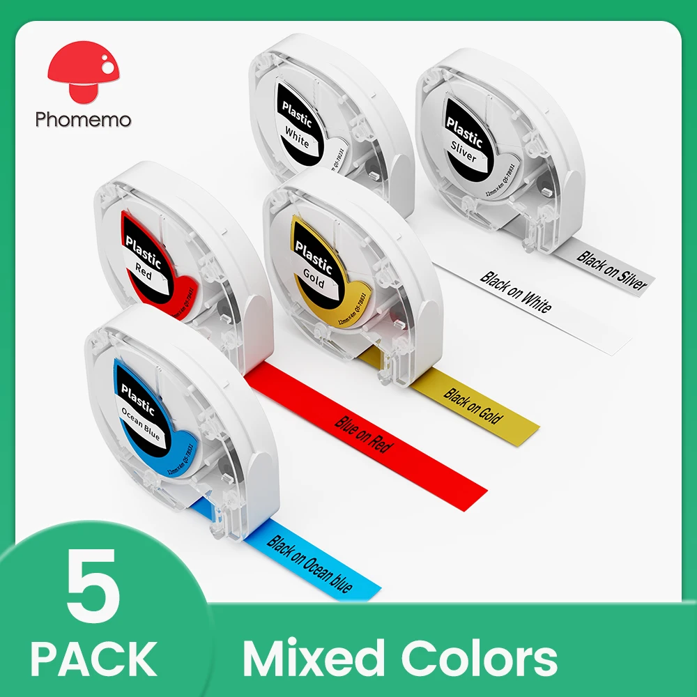 5Pack Labels 12mm Compatible for Phomemo P12 Label Tape & Dymo Letratag LT-100H LT-110T XR Label Sticker 12mm x 4m Plastic Tape