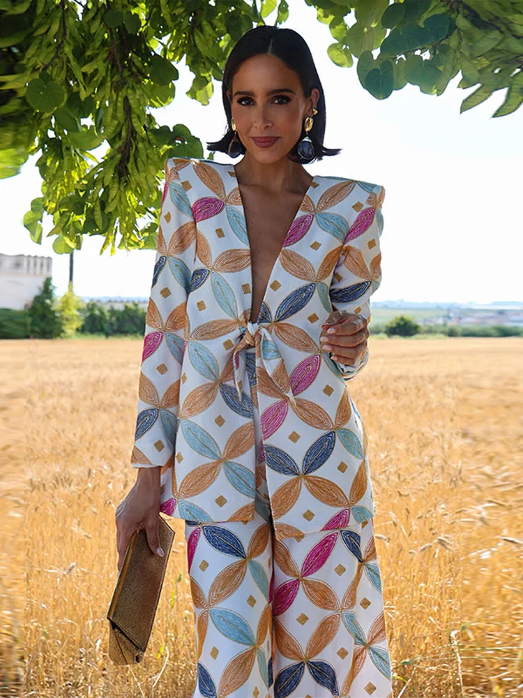 Vintage Women's Printed Blazer Jacket Pants Sets Shoulder Pads V Neck Lace Up Full Sleeve Jackets Wide Leg Pant 2026 Lady Outfit view 5