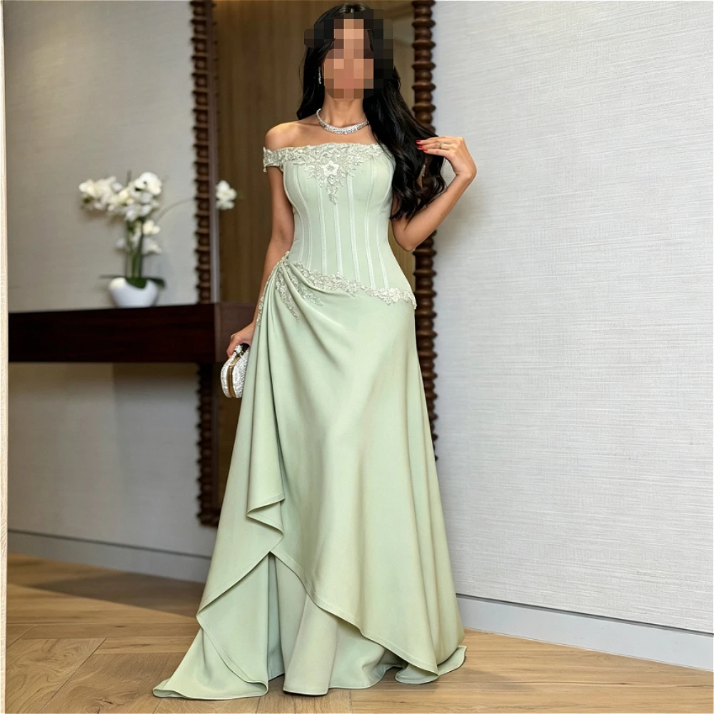 Customized Green Off Shoulder Corset Satin Evening Dress Lace Applique Draped Floor Length Elegant Dubai Wedding Formal Gown