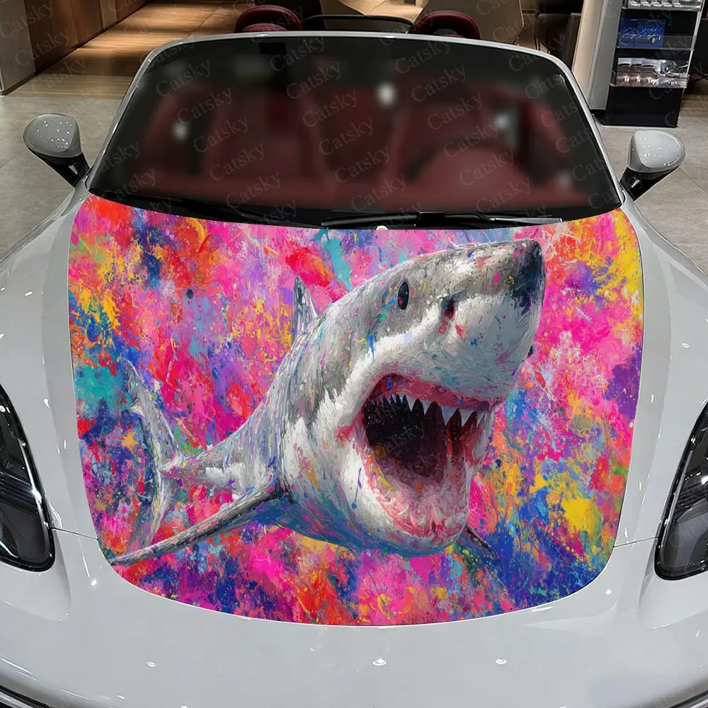 

Thrilling Colorful Shark Car Hood Stickers - Self-Adhesive, Waterproof and Durable Vinyl Wrap, Decorate And Protect Your Car - T