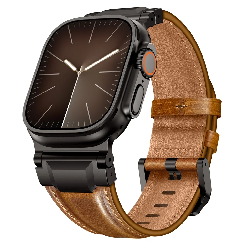 Echt lederen banden voor Apple Watch Ultra 3 2 49 mm 44 mm 45 mm 46 mm NIEUWE Mecha Design armband iWatch serie 11 10 9 8 7 6 5 SE