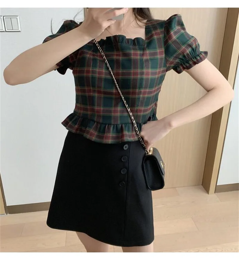 PLAZSON 한국인 리뷰 많은 옷 camisas e blusas Women\'s Plaid Printed Blouse Top blusa feminina Short Sleeve Square Collar Blouses Shirt