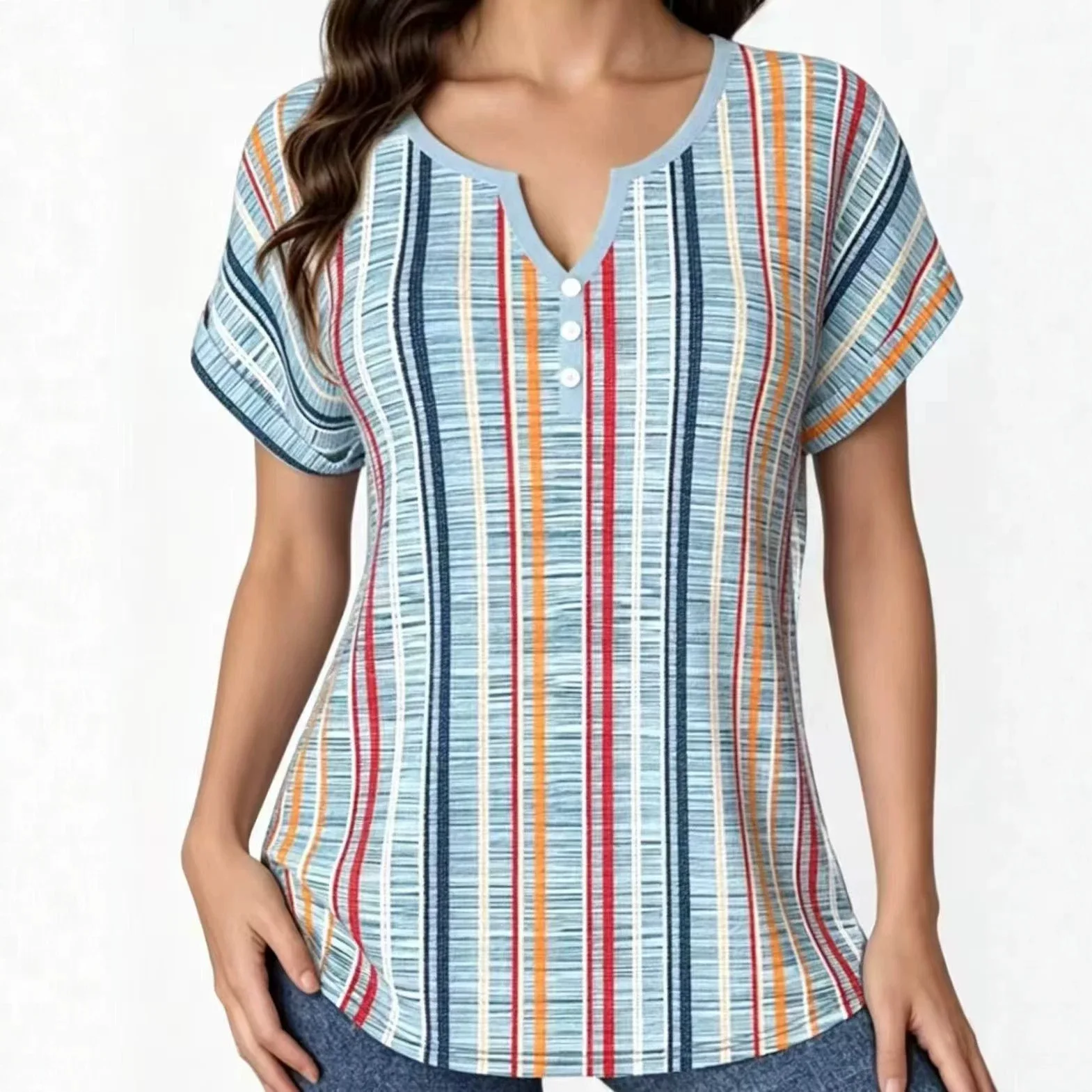 Women's Vertical Striped Henley Shirt Short Sleeve V-Neck Button Front Contrast Trim Casual Summer Top