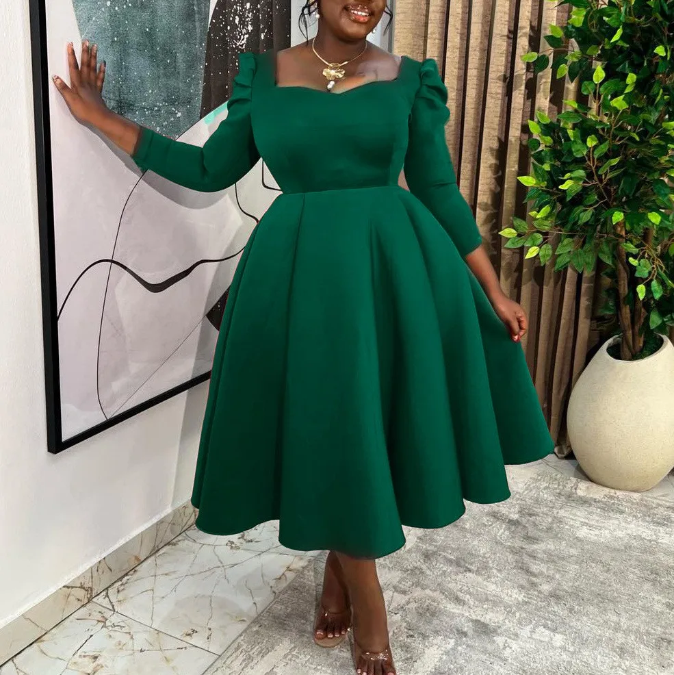 Elegant Party Dress Wedding Guest Red A Line Long Sleeve Dresses Puffed Sleeve Formal Gown Emerald Green Maxi Dress Elegant