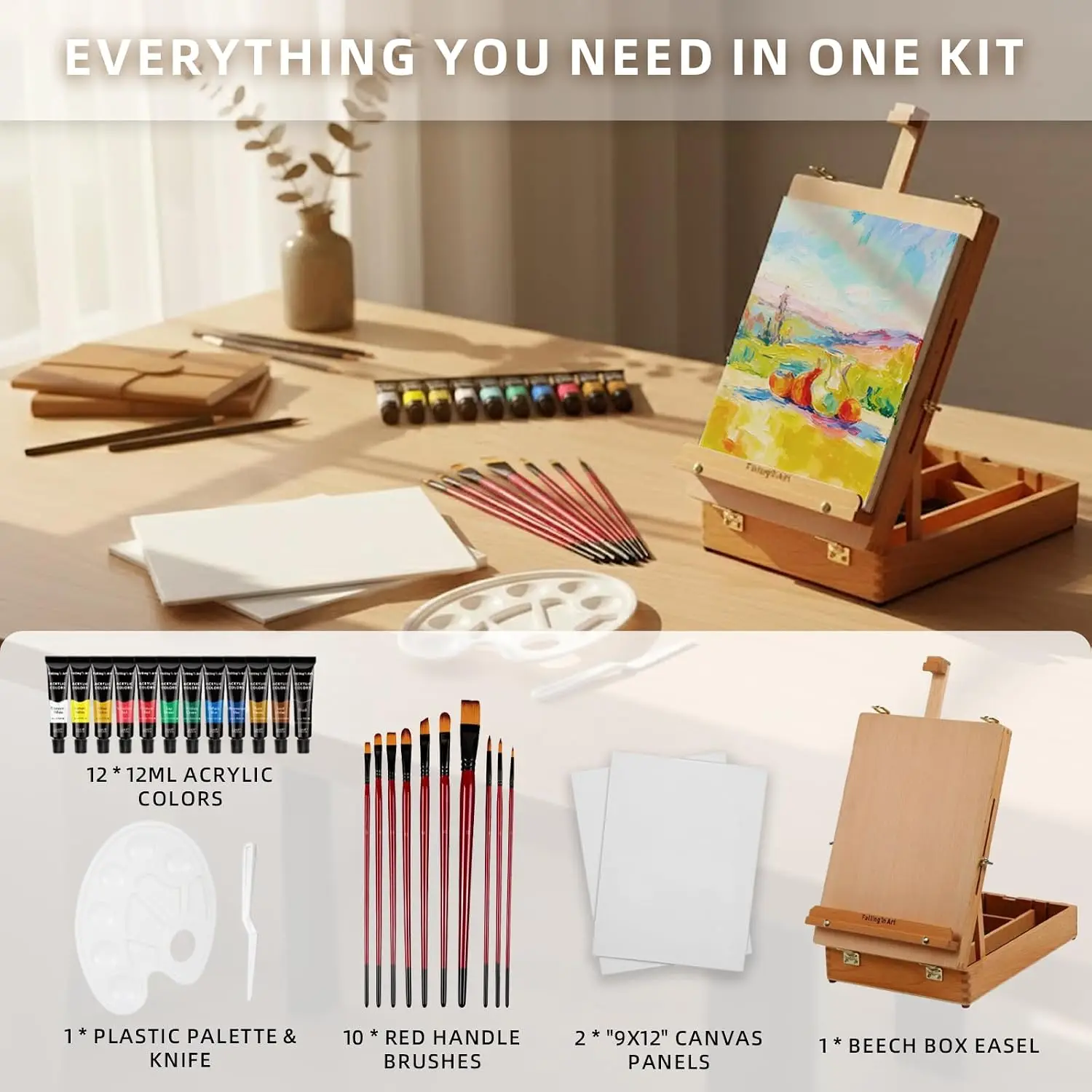 Beechwood Easel Box Set, 27 Pcs Tabletop Acrylic Paint Set, Portable Display Easel Stand with 12 Acrylic Paints, Canvas Panels and Brushes, Suitable for Beginners and Professionals