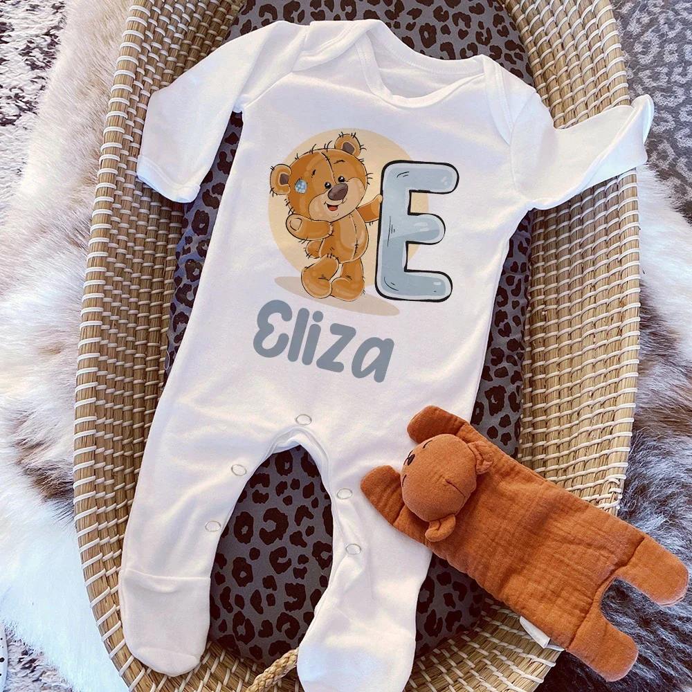 Personalised Baby Sleepsuit Cartoon Bear Letter Babygrow Sleepsuit Infant Coming Home Outfit Custom Name Romper Newbron Present