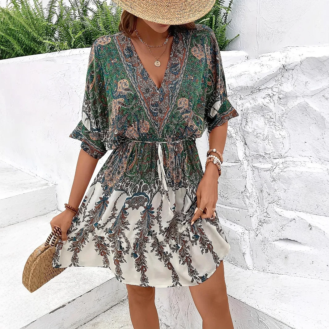 Vintage V Neck Floral Maxi Dress High Waist A Line Bohemian Beach Dresses Spring Summer