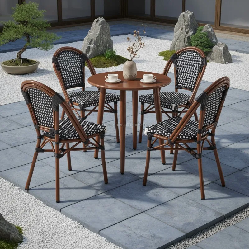 French Bistro Style Outdoor Table Rattan Wicker Chair Set Bamboo Look Table Set for Street Restaurant